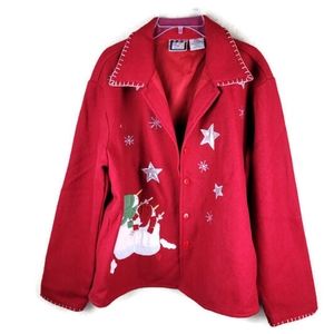 Take Two Shacket Womens L Wool Snowflake‎ Snowman Appliqued Red Button Up